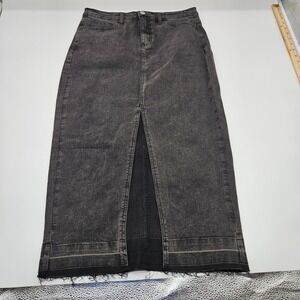 Liv & Lottie Black Acid Wash Denim Maxi Skirt Front Slit Raw Hem Size M
